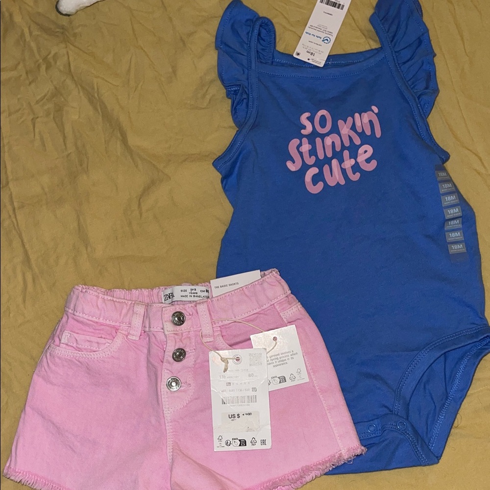 Blue Ruffled Onesie and Pink Shorts Set